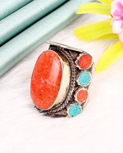Orange & Turquoise Combo Oxidized Silver Hand Rings