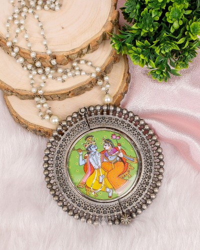 Hand painted Radha Krishan Ji Silver Look Alike Pendant Necklace
