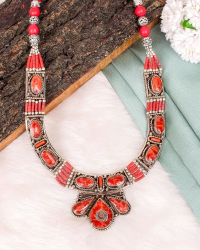 Red Nepali Tibetan Oxidized Silver Necklace