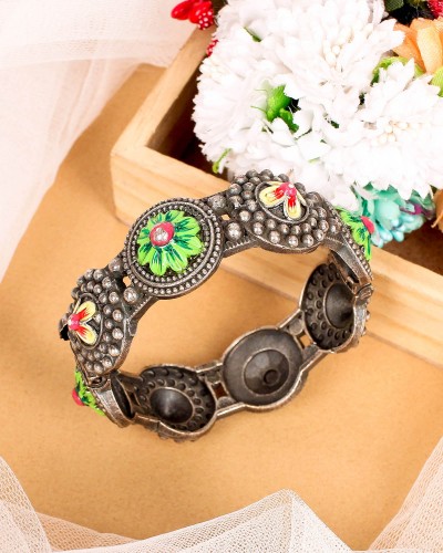 Colorful Flower Designed Silver Look Alike Kada Bangle Bracelet