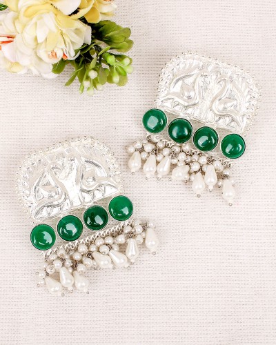 Peacock Design Green Color Premium Silver Dangler Earrings