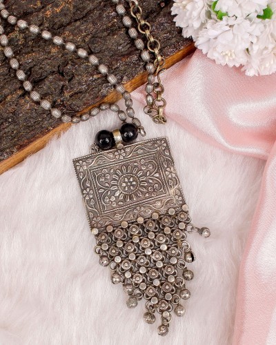 Designer Look Silver Look Alike Pendant Ghungroo Necklace