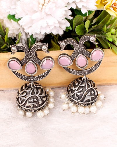 Peacock Design Baby Pink Silver Look Alike Jhumki Earrings