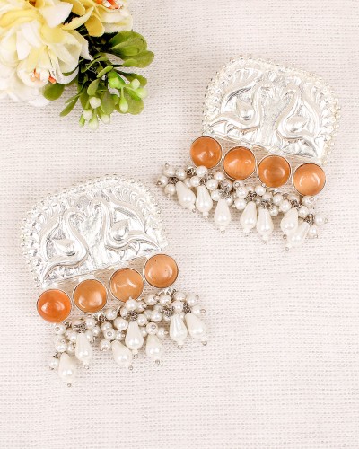 Peacock Design Orange Color Premium Silver Dangler Earrings