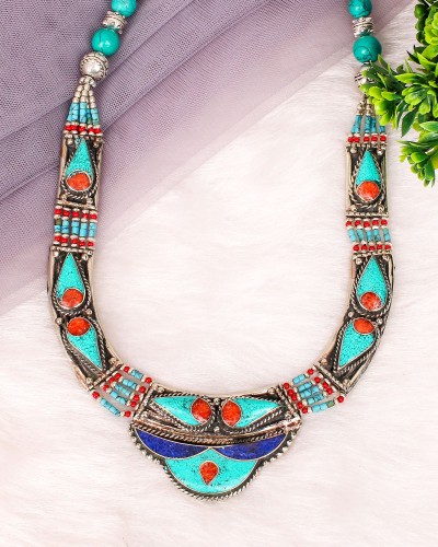 Handmade Tricolor Made In Nepal Oxidized Silver Necklace