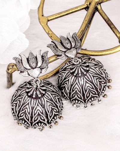Lotus Designed Oxidized Silver Jhumki Earrings