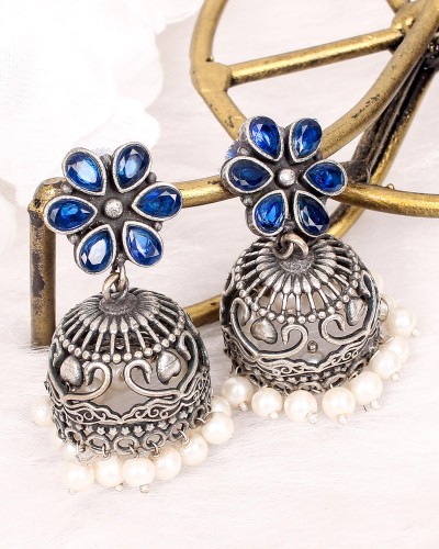 Blue Color Flower Designed Silver Look Alike Jhumki Earrings