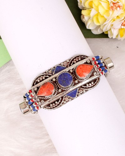 Handmade Blue & Orange mix Oxidized Silver Tibetan Nepali Bracelet