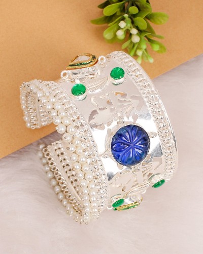 Blue & Green Mix Traditional Look Premium Silver Cuff Bracelet