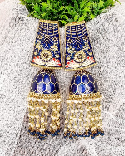 Blue Color Golden Long Size Jhumki Earrings