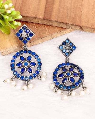 Blue Color Flower Designed Silver Look Alike Dangler Earrings