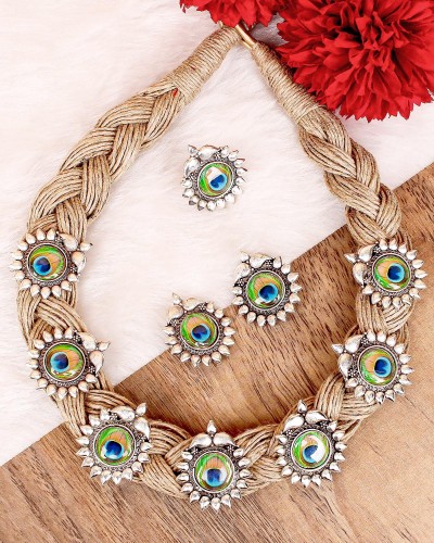 Peacock Feather Jute Necklace+ Matching & Ring
