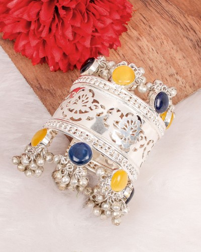 Blue and Yellow Mix Premium Silver Ghungroo Cuff Bracelet
