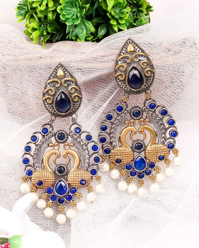 Big Size Blue Two Tone Silver and Golden Dangler Earrings