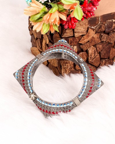 Colorful Square Shape Silver Look Alike Kada Bangle Bracelet