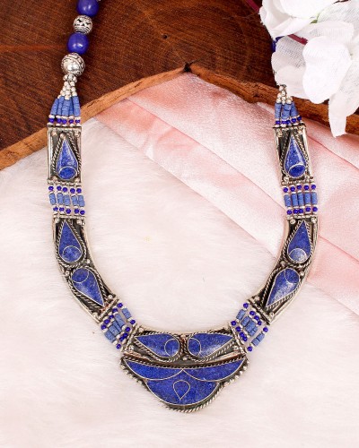 Blue Color Handmade Nepali Tibetan Oxidized Silver Necklace
