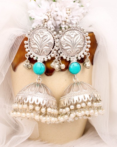 Medium Size Turquoise Premium Silver Jhumka Earrings
