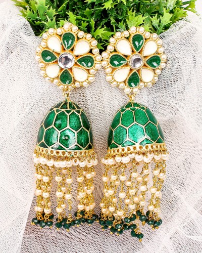 Green & White Color Golden Long Size Jhumki Earrings
