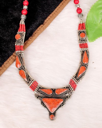 Orange Gypsychic Bold Look Made In Nepal Oxidized Silver Necklace