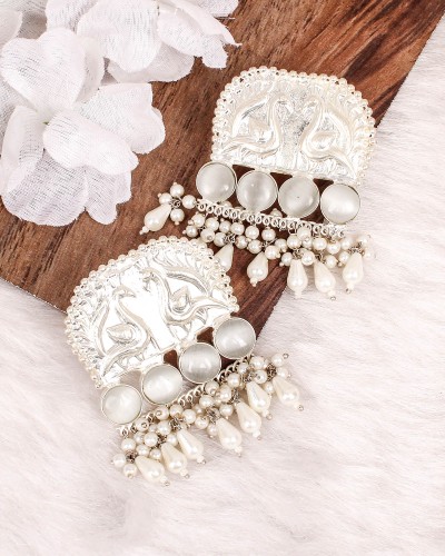 Peacock Design White Color Premium Silver Dangler Earrings