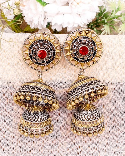 Handcrafted Two Tone Silver & Gold Jhumki Earrings