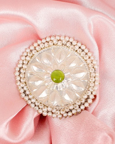 Big Size Flower Designed Green Premium Silver Statement Ring