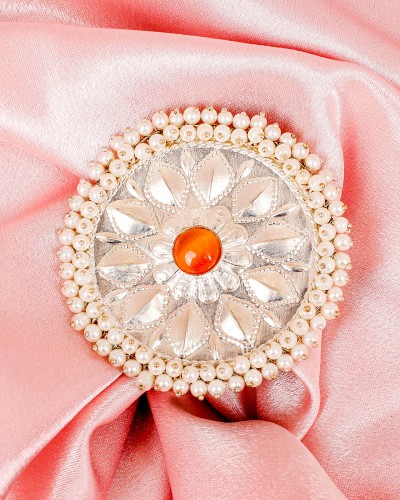Big Size Flower Designed Orange Premium Silver Statement Ring