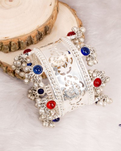 Blue & Red Mix Premium Silver Colorful Ghungroo Cuff Bracelet