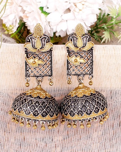 Handcrafted Two Tone Silver  & Gold Jhumki Earrings