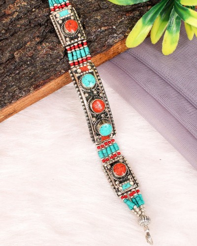 Multicolor Cultural Tibetan Nepali Oxidized Silver Bracelet