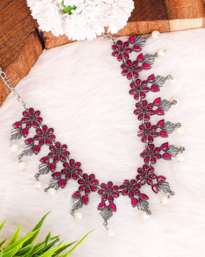 Flower Shaped Red Silver Look Alike Adjustable Necklace