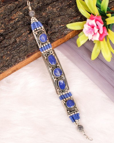 Blue Tibetan Nepali Oxidized Silver Cultural Bracelet