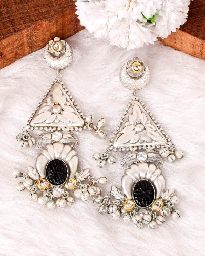Big Size Carved Premium Silver Black Onyx Gemstone Dangler Ghungroo Earrings