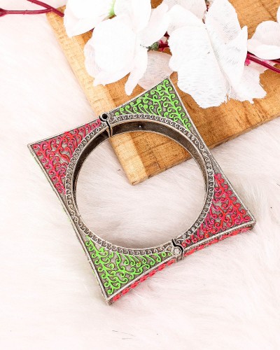 Green & Pink mix Square Silver Look Alike Kada Bracelet Bangle