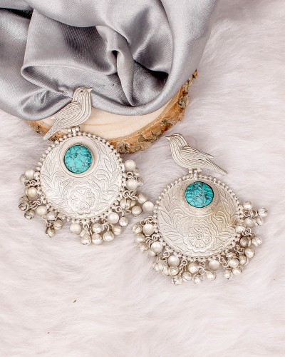 Bird Designed Synthetic Turquoise Gemstone Premium Silver Dangler Ghungroo Earrings