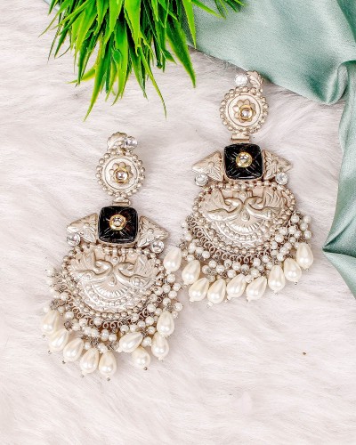 Carved Black Onyx Gemstone Premium Silver Dangler Earrings