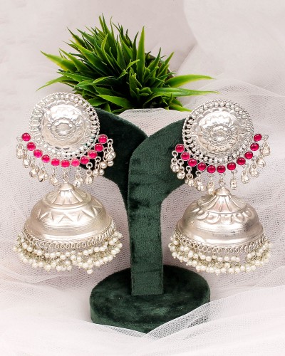 Big Size Pink Premium Silver Jhumka Earrings
