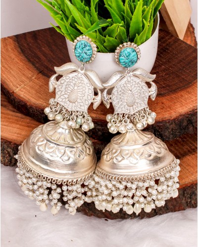 Carved Synthetic Hydro Gemstone Premium Silver Big Size Jhumka Earrings