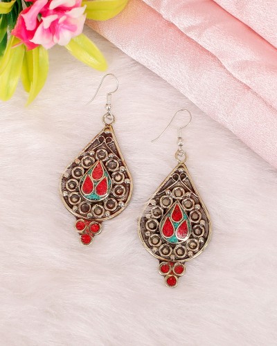 Red & Turquoise Tibetan Nepali Oxidized Silver Dangler Earrings