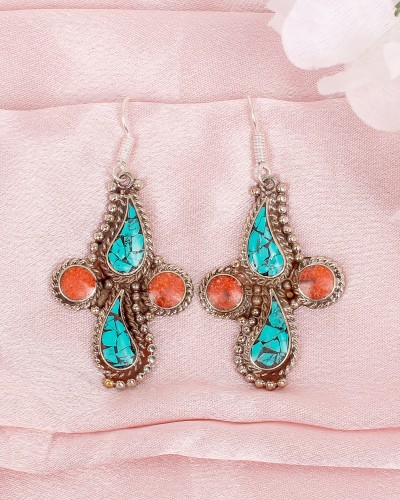 Orange & Turquoise Enameled Tibetan Nepali Oxidized Silver Dangler Earrings
