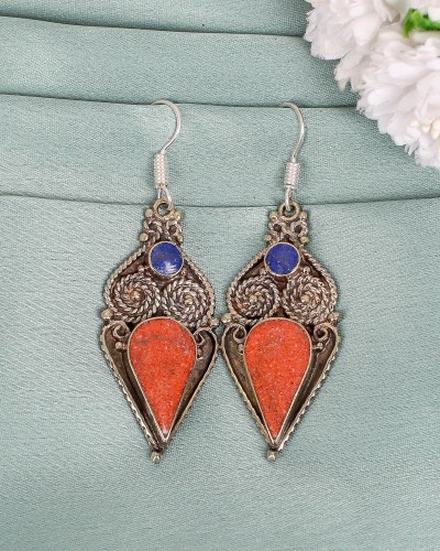 Made In Nepal Orange & Blue Enameled Oxidized Silver Dangler Earrings