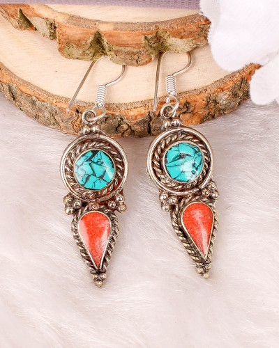 Orange & Turquoise Made In Nepal Enameled Oxidized Silver Dangler Earrings