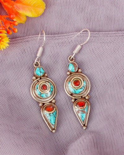 Made In Nepal Turquoise & Red Enameled Oxidized Silver Dangler Earrings